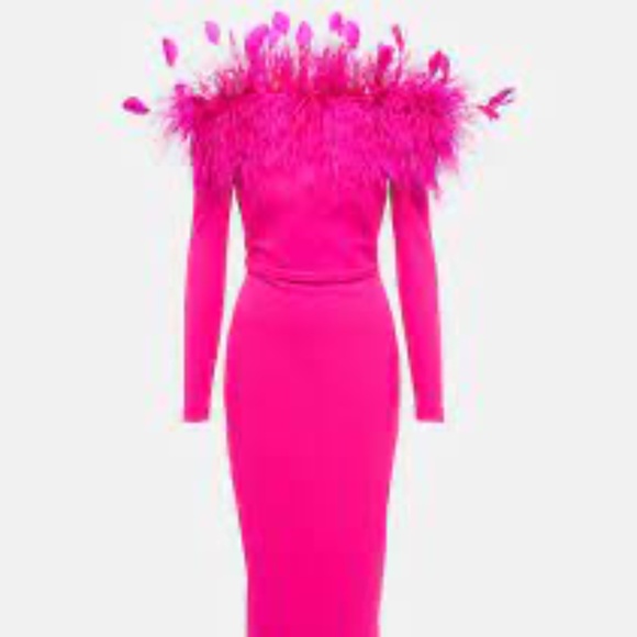 Safiyaa Vittoria Off the Shoulder Feather Dress Pink Midi Dress US sz 2 (FR 34) - Picture 6 of 12